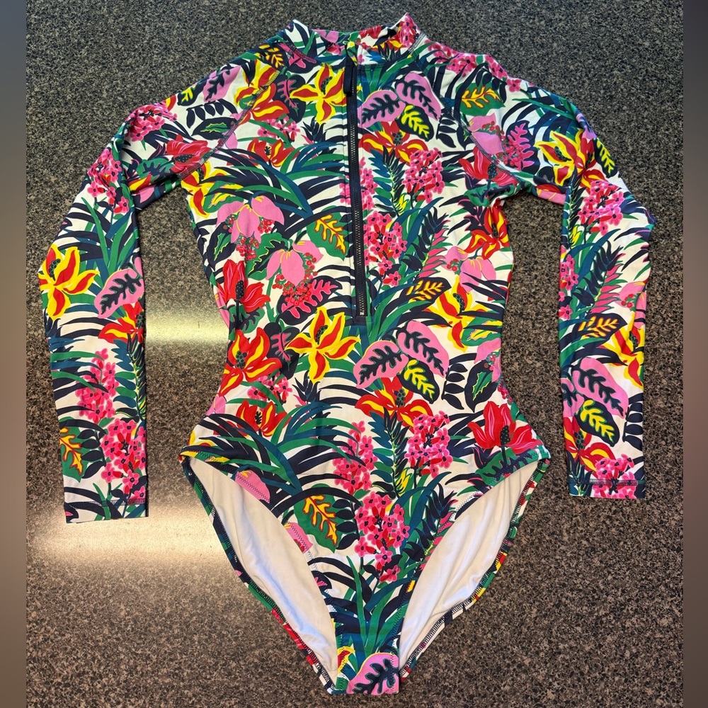 “J. CREW” Tropical Floral Long Sleeve Rash Guard Swimsuit - Picture 2 of 16